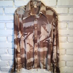 Vintage 70s Acetate Nylon Disco Shirt NYC Twin Towers Graphic Print Sz L